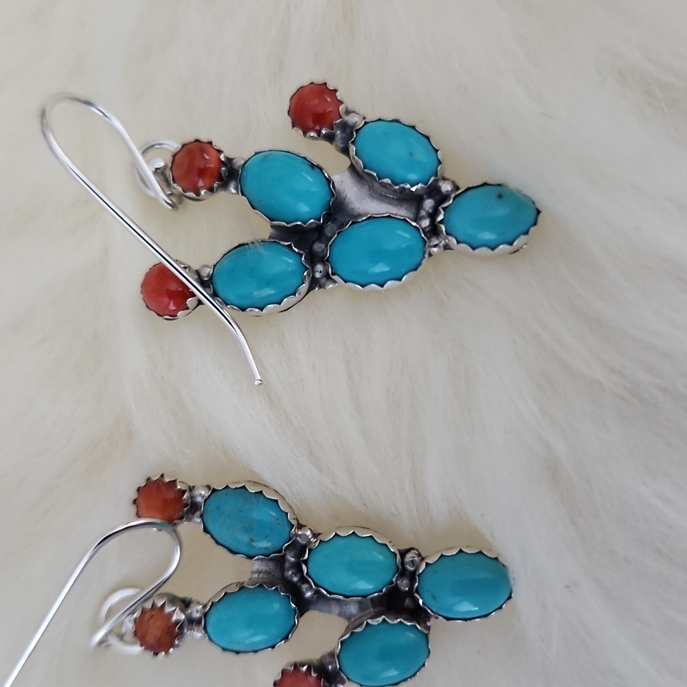 NWT Native American Navajo Turquoise Cactus Dangle Earrings 🩵🌵🧡 - Picture 8 of 12